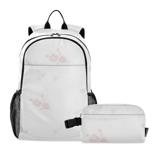 Sac à dos blanc avec petite fleur et sac à déjeuner pour fille 8-10 ans