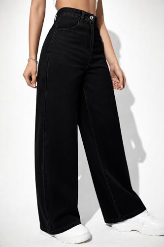 Image of Women High Waist Straight Fit Wide Leg Jeans | Dark Black Z Black Stretch Denim | Trendy Baggy Jeans for Women | Premium Casual Street wear Pants