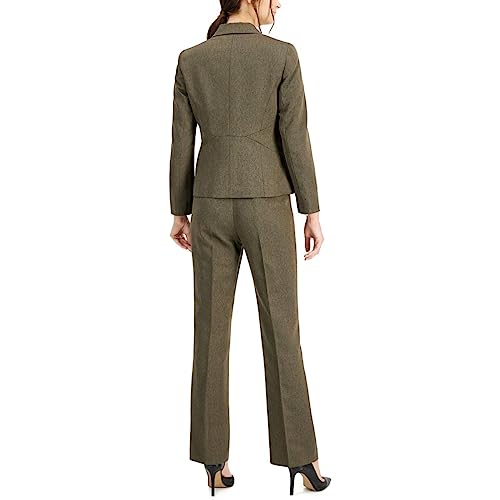 Le Suit Women's Plus Size Melange Herringbone Two Button Jacket With Symmetric Seaming And Kate Pant, Medium Brown Combo, 18W #TOP1