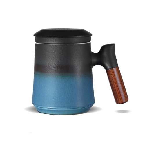 ZENS Gradient Blue Tea Cup with Infuser and Lid, 14.5oz Wood Handle Tea Mug, Loose Leaf Tea Steeper & Strainer, Tea Lovers Gifts