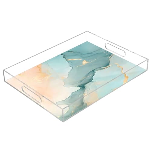 BOESI Green Marble Pattern Acrylic Decorative Dining Tray, Acrylic Decorative Tray Organizer with Handle for Kitchen, Dining Room, Bathroom, Dresser