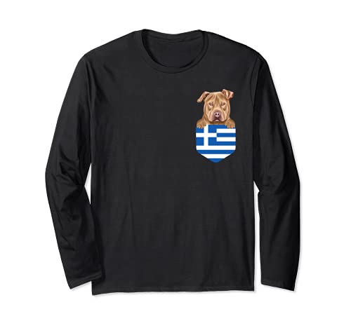 Greece Flag Usa Staffordshire Terrier Dog In Pocket Long Sleeve T-Shirt, Black