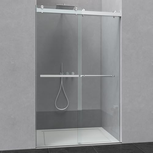 ENSO SENKA 44-48” x 76” Frameless Shower Door, 5/16" (8mm) Clear SGCC Tempered Glass, Bathroom Dual Sliding Shower Doors, Brushed Nickel