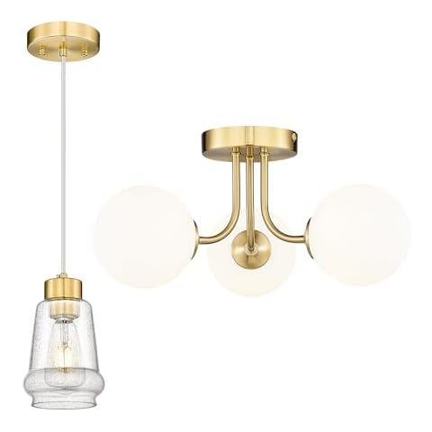 Cargifak Frosted Glass Globe Ceiling Light with Polished Gold, Seeded Glass Hanging Light, Farmhouse Pendant Light Cover