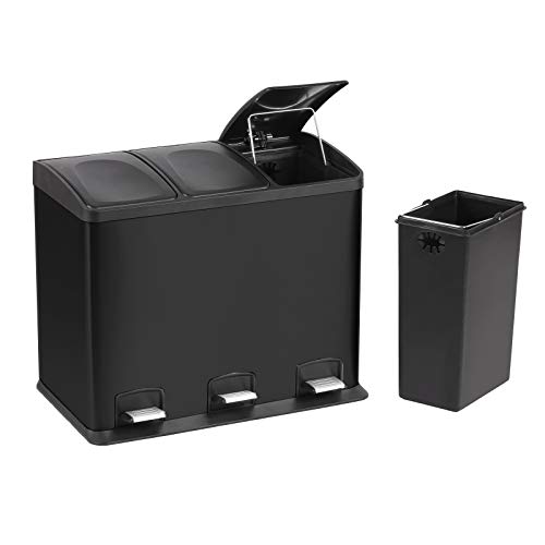 HAC24 3fach Edelstahl Mülleimer 36l Küche Schwarz Matt Abfalleimer Mülltrennung Trenn Abfallsammler Müllsammler Müllbehälter Mülltrenner