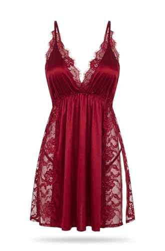 Image of Stylbase Women's Lace Babydoll Nightwear with Thong Panty - Sexy V-Neck Sleeveless Sleepwear Dress with Side Slit, Above Knee Lingerie for Honeymoon, Night Dress for Women