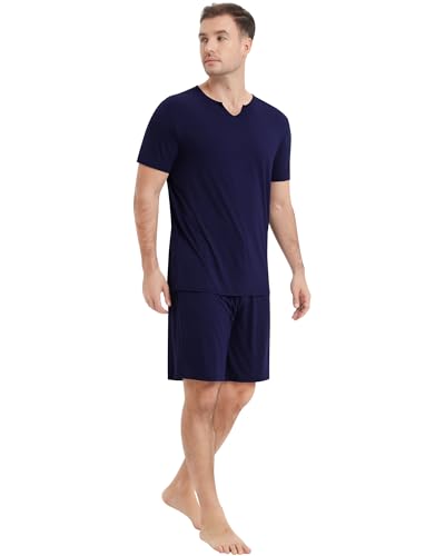 Image of NACHILA Men's Pajamas Set-Viscose Made from Bamboo,Short Sleeve Pjs Cool Loungewear with Shorts Soft Sleepwear Navy Blue L
