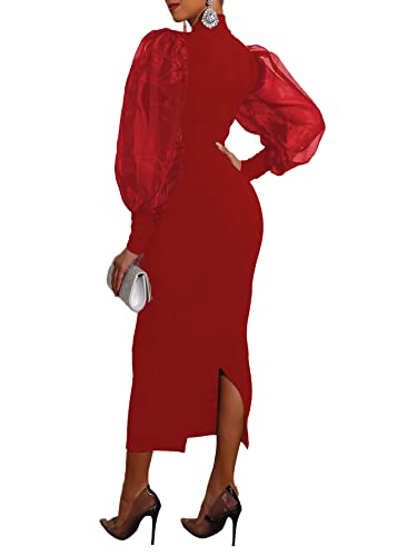 Lyaner Women's Mock Neck Mesh Long Sleeve Zipper Bodycon Maxi Long Dress Red Large #TOP1