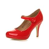 Ajvani Womens Ladies mid high Heel Mary Jane Strap Evening Court Shoes Pumps, 4 UK, Red Patent