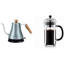 Bodum 11883-57US Melior Gooseneck Electric Water Kettle, 27 Ounces, Matt Chrome & 1928-16US4 Chambord French Press Coffee Maker, 1 Liter, 34 Ounce, Chrome