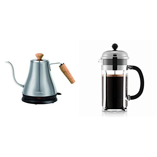 Bodum 11883-57US Melior Gooseneck Electric Water Kettle, 27 Ounces, Matt Chrome & 1928-16US4 Chambord French Press Coffee Maker, 1 Liter, 34 Ounce, Chrome