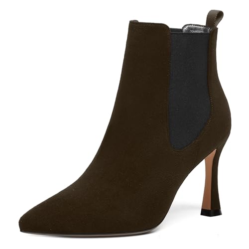 MERRORI Womens Slip On Suede Dating Quilted Pointed Toe Dress Spool High Heel Ankle High Boots 3.3 Inch