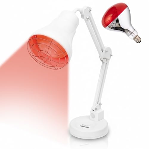 Infrared Lamp 275 W, Infrared Peak Value of 1300 nm, Red Light Lamp with 360° Rotating Head, Table Heat Lamp with Telescopic Light Pole, Stepless Temperature Regulation, Relax Muscles, White
