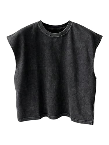 RoseSeek Mens Summer Washed Tank Tops Sleeveless Shirts Crewneck Cap Sleeve Crop Top Vintage Muscle T Shirts Black Medium