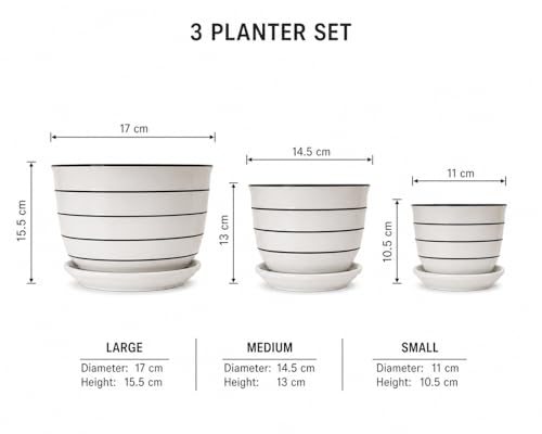 Image of Xtore Elegant Striped Ceramic Planter Set of 3 with Drainage Trays | Minimalist Indoor Plant Pots for Home, Office, Balcony & Tabletop Styling (Pack of 3 - Planter only)