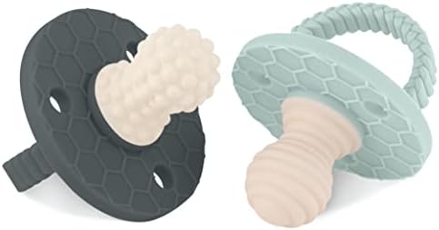 SoothiPop (2 Pack) 3 Month+ Silicone Pacifier Shaped Baby Teething Toy - Freezable & Chewable Baby Teether - Soft, Textured Surfaces Massage & Soothe Infant Sore Gums - Honeycomb (Space Gray & Mint)