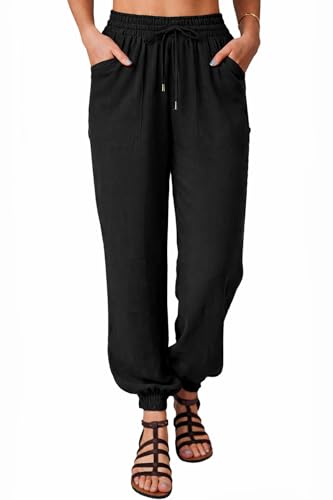 Nuofengkudu Womens Baggy Cuffed Harem Pants with Pockets Drawstring Hippie Ankle Tapered Comy Plain Trousers Genie Pantaloons Summer Lounge Wear Yoga Solid Work Bottoms Casual Pyjamas-Black-M
