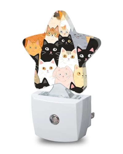 Image of Cute Cat Star Night Light Plug in, Decorative Night Light for Kids Room Nursery Bedroom, Soft Glow Sensor Lamp for Hallway Bathroom, Compact Energy Saving