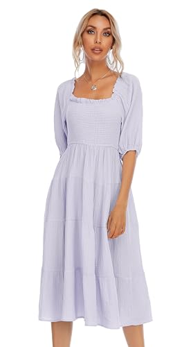 Image of R.Vivimos Women's Summer Cotton Lantern Sleeves Ruffled Off Shoulder A-Line Midi Dresses