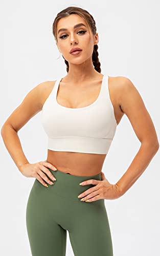 Lavento Women's Cross-Strap Sports Bra Longline Padded Medium Support Workout Yoga Bras Tops (Light Ivory, 6) #TOP3