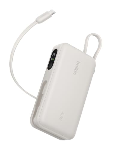 Belkin モバイルバッテリー 3c 認証 大容量 10000mAh 45W PD USB-Cケーブル内蔵 3台同時充電 デジタル残量表示 サンド