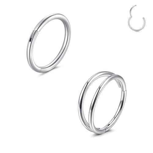 LAURITAMI 2 Stück Nasenpiercing Ring Chirurgenstahl 20G Dünn Doppelter Nasenpiercing Ring Silber Septum Clicker Ring 8mm Helix Conch Knorpel Tragus Nasenpiercing Bauchnabelpiercing Schmuck