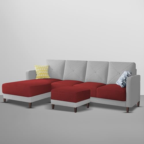 Image of Baloney LHS 6 Seater L Shape Sofa Set with Center Table for Living Room (Maroon Grey Fabric) Premium Fabric Sofa