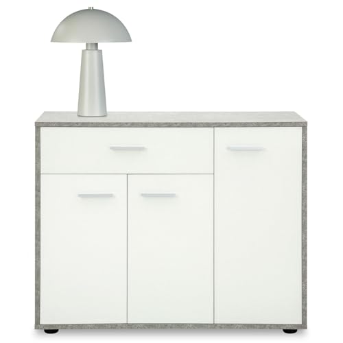 IDIMEX Meuble à Chaussures Camille, Commode Meuble de Rangement avec 1 tiroir et 3 Portes avec 7 tablettes intérieures, en Bois, Coloris béton et Blanc