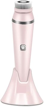 Electric Facial Cleansing Brush with 4 Replaceable Face Scrub Brush Heads, Waterproof Cleanser Remove Dirt, Oil, Makeup Residue, USB Rechargeable Facial Exfoliator, White Color Pink