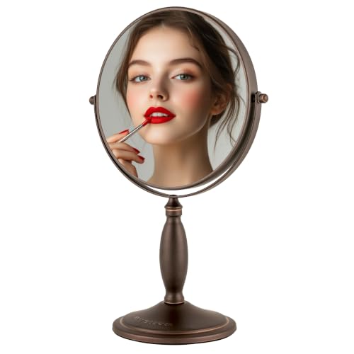 Image of OVENTE 8'' Tabletop Magnifying Makeup Mirror, Antique Bronze MNLAT80ABZ1X7X | Double Sided Vanity Standing Mount Mirror with 1X /7X Magnification, 360 Rotation, Perfect for Dresser Bedroom Office Desk
