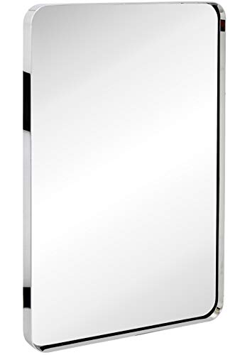 Hamilton Hills Contemporary Polished Metal Wall Mirror | Glass Panel Silver Framed Rounded