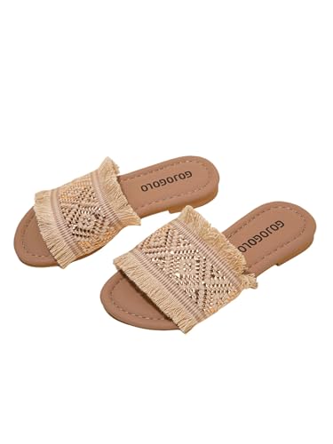 OYOANGLE Girl's Boho Fringe Braided Sandals Open Toe Slip on Summer Flats Vacation Casual Slides
