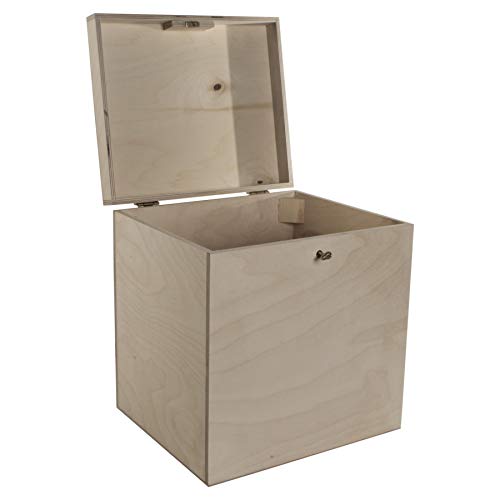 WooDeeDoo - Caja de madera con tapa con bisagras, 29 x 25 x 30 cm, caja de almacenamiento de recuerdos, color madera sin terminar y sin pintar Cover