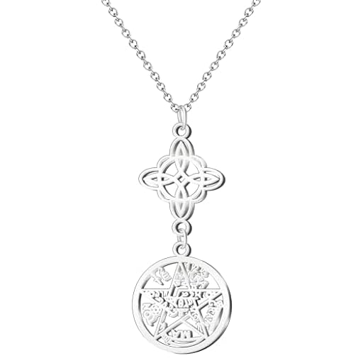 cotigo- Collar para Mujer Nudo de bruja y tetragramaton amuleto de suerte y proteccion, doble proteccion, ojo turco, piedras de chakras. (NUDO DE BRUJA Y TETRAGRAMATON PLATEADO 1) | Ya disponible en tu tienda friki favorita! En mundofriki.es!