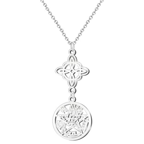 cotigo- Collar para Mujer Nudo de bruja y tetragramaton amuleto de suerte y proteccion, doble proteccion, ojo turco, piedras de chakras. (NUDO DE BRUJA Y TETRAGRAMATON PLATEADO 1)