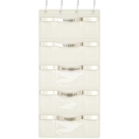 VERONLY Weekly Hanging Closet Organizer for Kids,Day of Week Kids Clothes Organizer,School Clothing Storage Monday to Friday Hanging Closet Organizer Shelves for Bedroom,Bathroom,Dorm (Beige) Cover