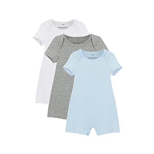 Kit 3 Macacões Básica, basicamente., Bebê, Branco/Mescla Claro/Azul Céu, RN