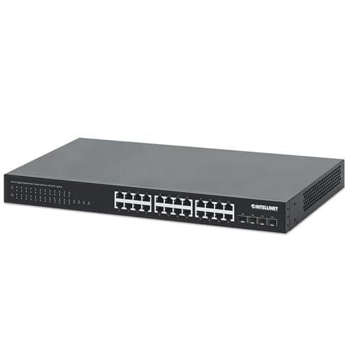 Image of Intellinet 24-Port Unmanaged PoE+ Gigabit Ethernet Switch - 370W Power Budget, 4 x 10 Gbps SFP+ Ports, Rackmount / Desktop, Autosensing Ports, Sturdy Metal - 3 Yr Mf Warranty - 561761