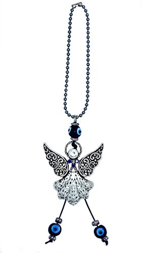 LUCKBOOSTIUM Silver Beautiful Angel w Blue Crystal & Evil Eye Hanging Ornament - Good Luck Charms - Home Keys, Purse, Bags and Rear View Mirror Accessories - Gift for Men & Women (Ball Chain Design)