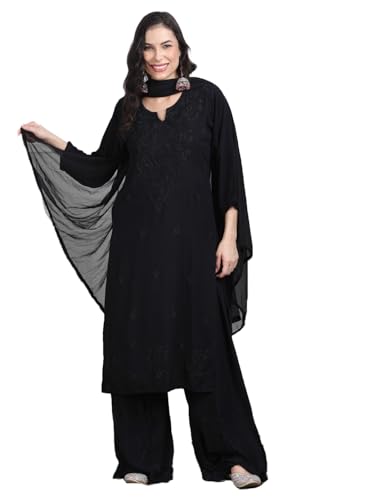 Image of Women's Luxe Lucknowi Chikankari Hand Embroidered Rayon Dyed Kurti Palazzo Dupatta Set - Designer Ethnic Wear for Wedding, Festive & Party Occasions