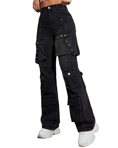 Women's Cargo Jeans High Waisted Flap Pocket Straight Leg Denim Pants Y2K Hip Hop Streetwear Trousers3