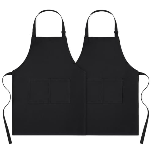 4sold Delantales Negros de Chef – 100% Algodón de Servicio Pesado 240g/m², Duraderos y Naturalmente Resistentes al Fuego Delantales de Cocina con Babero Ajustables con 2 Bolsillos para Hombres (2psc)