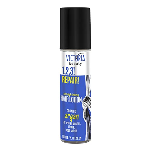 Victoria Beauty Loción de queratina para alisado permanente del cabello, suero para cabello dañado con aceite de argán orgánico y biotina, loción alisadora del cabello, 150 ml
