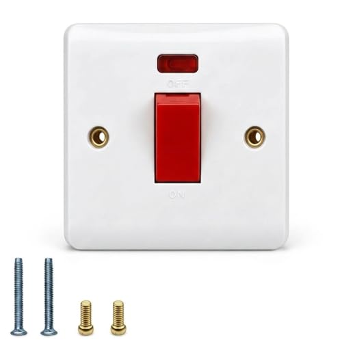 Image of 45A Double Pole Cooker Switch with LED Power Indicator, 1 Gang Wall Mounted for Kitchen Appliances Easy Install Standard UK DP Switch for Electric Ovens Hobs Household Kitchen, Standard UK Fitting