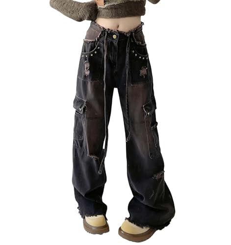 Baggy Ripped Cargo Jeans for Women Y2K Multi-Pocket Vintage Goth Grunge Pants Hip Hop Harajuku Fashion Streetwear (US, Alpha, Small, Regular, Regular, Black)