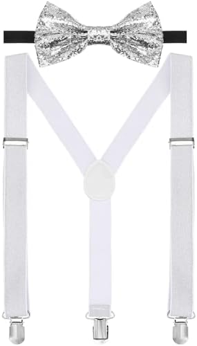 Jadive 2 Pieces Sequin Braces Set Y Clip with Glitter Bow Tie Bow Costume Accessory for Disco Carnival Halloween Theme Party (Glitter Bow Tie + Braces, Silver)