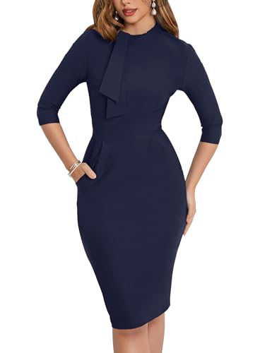 Image of MUXXN Women's Midi Pencil 1950s Vintage Cocktail 3 /4 Sleeve Tie Neck Bodycon Mid-Calf Dress with Pockets