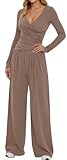SEAUR Tiefer V-Ausschnitt 2-teiliges Lässiges Outfit für Damen Langarm Weitbeinshose Loungewear-Set für Herbst Flughafen Reise Home-Office Freizeit Khaki L