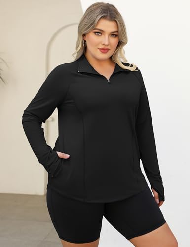 LOMON Womens Plus Size Workout Tops Long Sleeve 1/4 Zip UV Sun Protection Quick Dry Hiking Athletic Shirts Rash Guard UPF 50+3