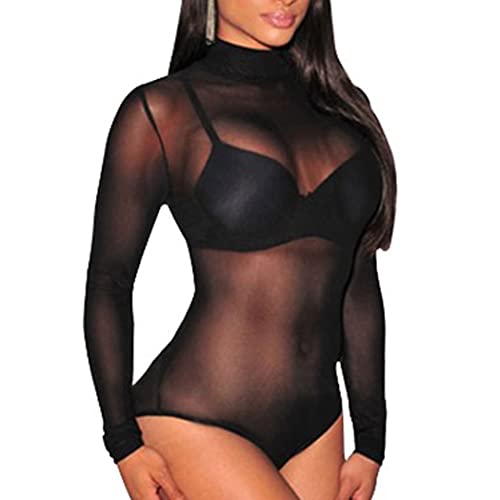 Women's Sheer Mesh Long Sleeve Bodysuit Tops See Through Jumpsuit Leotard Clubwear